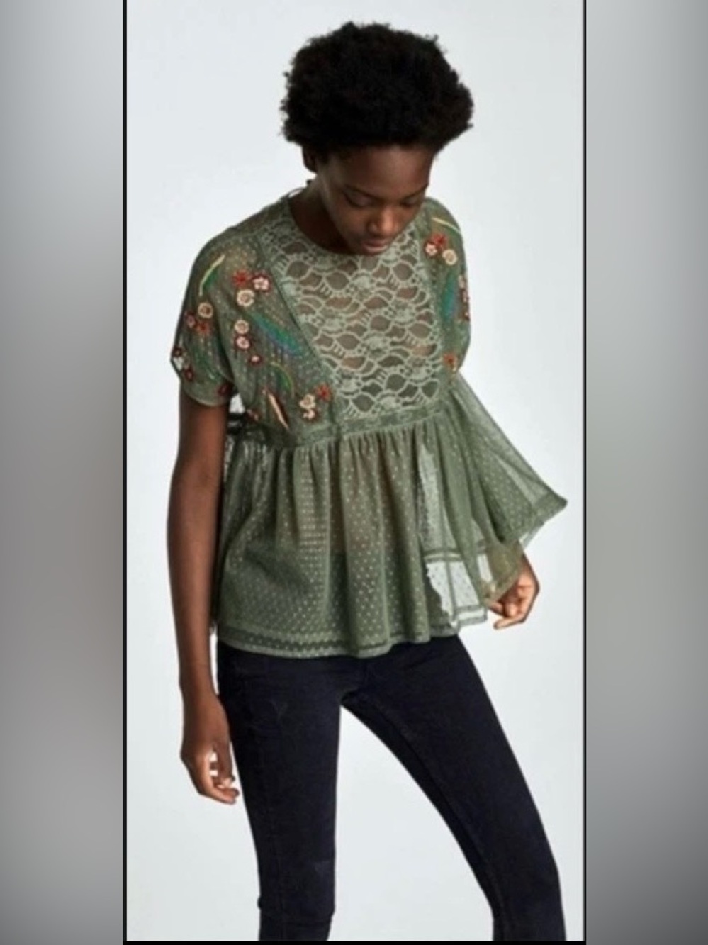 Zara Olive Green Lace Peplum Tunic with Floral Embroidery